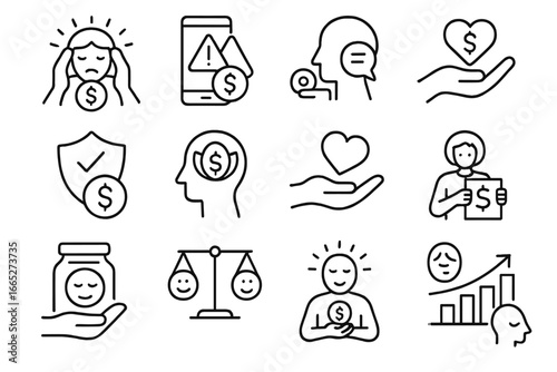 Finance and Mental Health Icons. Line style icons of finance and mental health: money stress icon, emotional spending alert,