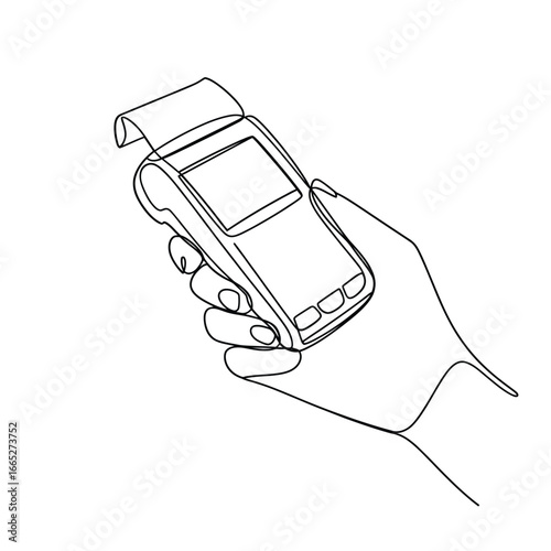 Hand holding a portable credit card payment terminal with receipt