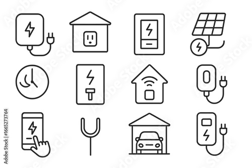 EV Charging Icons. Line style icons of home EV setup: home charging box, garage outlet icon, dedicated EV circuit, solar panel