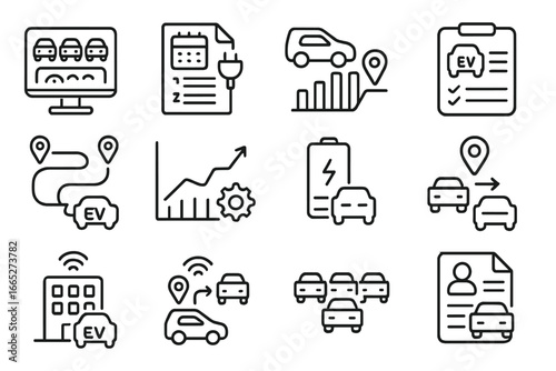 EV Management Icons. Line style icons of EV fleet management: fleet dashboard icon, charge schedule system, vehicle utilization