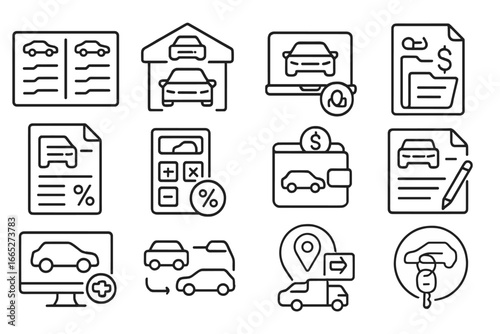 EV Purchase Journey Icons. Line style icons of EV purchasing journey: model comparison chart, EV dealer icon, virtual test drive,