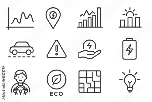EV User Insights Icons. Line style icons of EV user behavior insights: driving pattern graph, charging location trends, energy