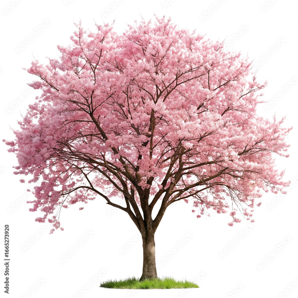 Obraz premium Beautiful Pink Blossom Tree with Green Grass on Transparent Background Illustration
