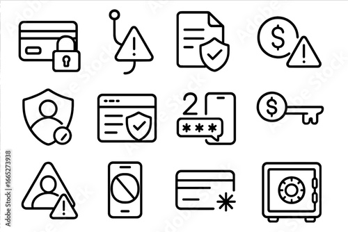 Financial Safety Icons. Line style icons of financial safety and fraud prevention: secure payment lock, phishing alert symbol,