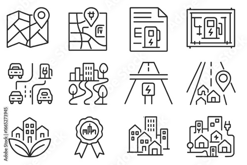 EV Urban Planning Icons. Line style icons of EV urban planning visuals: EV zoning map, charger station proposal, planning permit