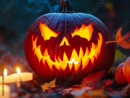 Nahaufnahme eines geschnitzten Halloween-Kürbis mit gruseligem Grinsen, von innen leuchtend, neben flackernden Kerzen und Herbstblättern – stimmungsvolle Halloween-Dekoration