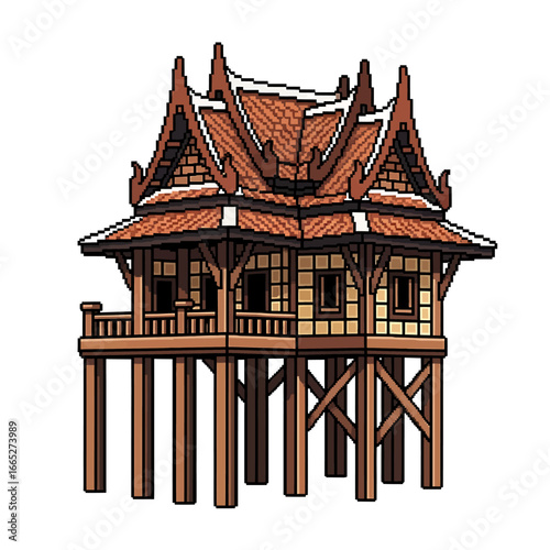 Pixel art illustration of a traditional Thai house on stilts, featuring intricate roof details and wooden structure.