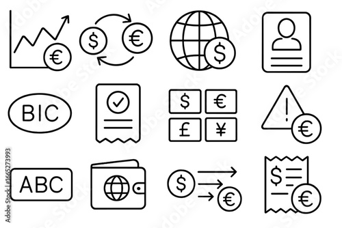 Currency Exchange Icons. Line style icons of currency exchange and transfers: exchange rate graph, currency converter icon, global