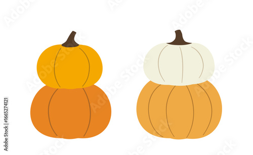 Hand drawn autumn harvest pumpkin clipart.
Set of fall stacked orange and white pumpkins flat stock vector illustration.
Farm fresh pumpkin.
White background.
