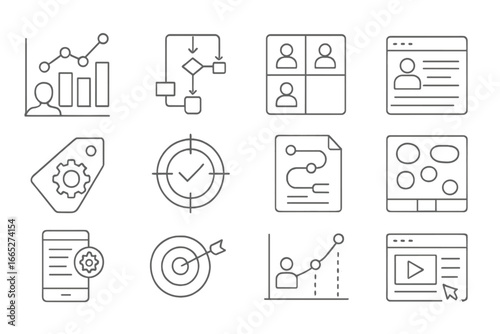 Behavioral Marketing Icons. Line style icons of behavioral marketing: customer behavior chart, trigger-based flow, behavior