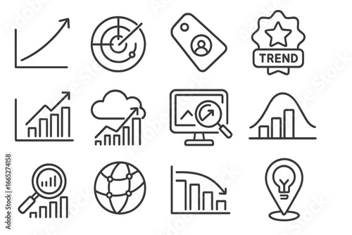 Marketing Icon Set. Line style icons of marketing trend analysis: trendline growth chart, market shift radar, consumer insights