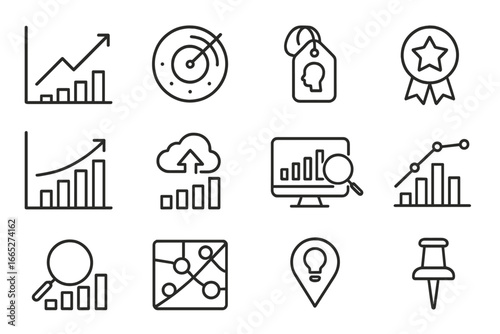 Marketing Icon Set. Line style icons of marketing trend analysis: trendline growth chart, market shift radar, consumer insights