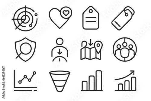 User Intent Icons. Line style icons of user intent targeting: purchase intent radar, interest intent icon, comparison shopper tag,