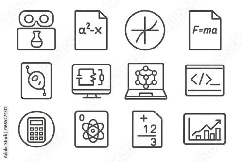 STEM Tools Icons. Line style icons of STEM learning tools: virtual lab icon, equation solver file, graph plot badge, physics