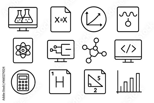 STEM Tools Icons. Line style icons of STEM learning tools: virtual lab icon, equation solver file, graph plot badge, physics