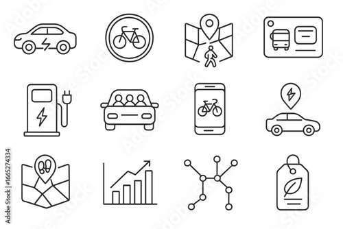 Sustainable Mobility Icons. Line style icons of sustainable mobility: electric vehicle icon, bike lane sign, pedestrian zone map,