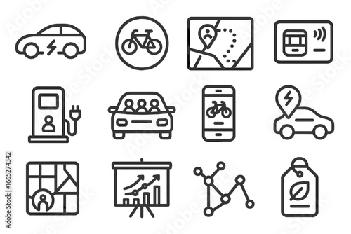 Sustainable Mobility Icons. Line style icons of sustainable mobility: electric vehicle icon, bike lane sign, pedestrian zone map,