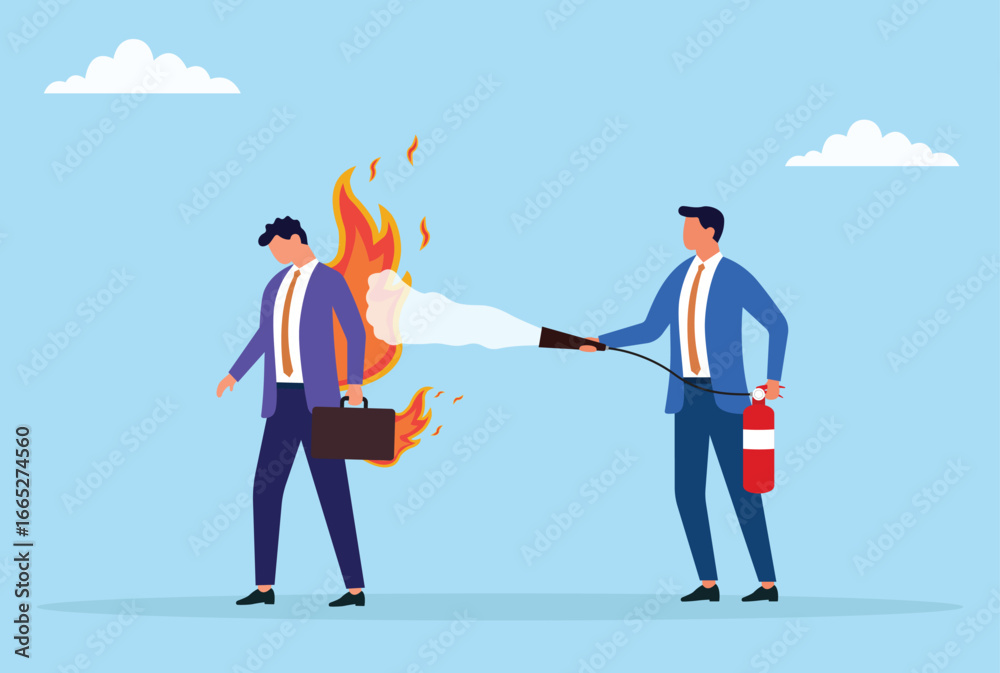 Fototapeta premium Vector illustration of a businessman using a fire extinguisher to put out flames on another businessman, symbolizing crisis management, problem solving, and workplace support 