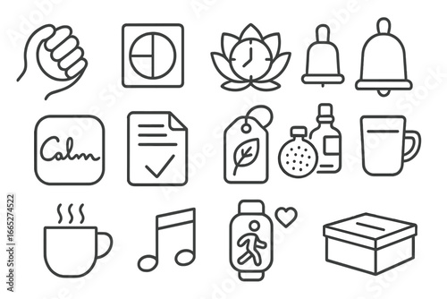 Stress Management Icons. Line style icons of stress management tools: stress ball icon, breathing technique chart, meditation