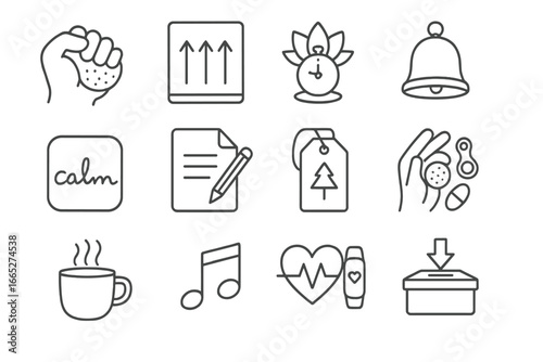 Stress Management Icons. Line style icons of stress management tools: stress ball icon, breathing technique chart, meditation