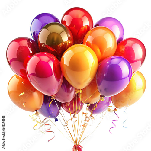 Colorful Bunch of Party Balloons on Transparent Background, Red, Orange, Yellow, and Purple