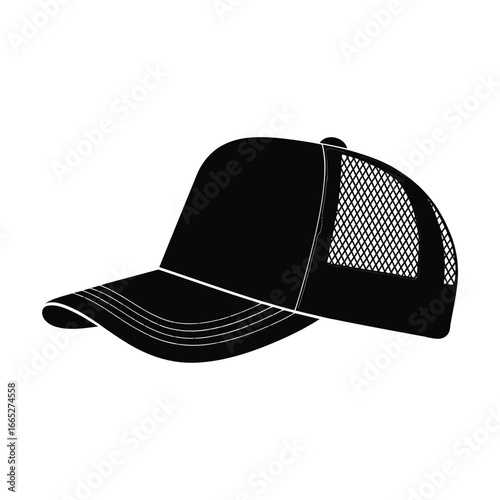 Black trucker hat with mesh back and curved brim