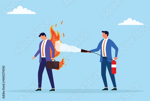 Vector illustration of a businessman using a fire extinguisher to put out flames on another businessman, symbolizing crisis management, problem solving, and workplace support
