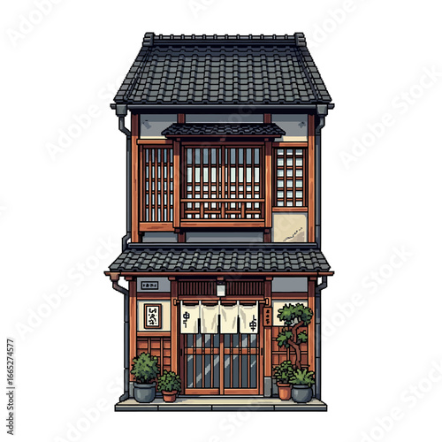 Traditional Japanese two-story shop house with intricate details and a serene facade.