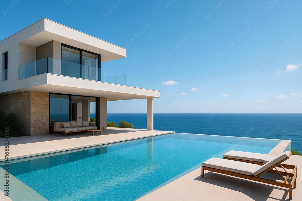 Fototapeta premium Modern villa with infinity pool blending into sea view
