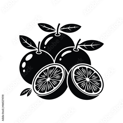 Stylized black and white illustration of fresh oranges with leaves