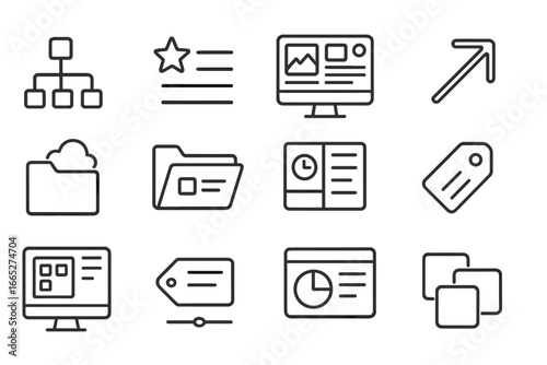 Digital Workspace Icons. Line style icons of digital workspace layout: folder tree structure, favorite files list, desktop with