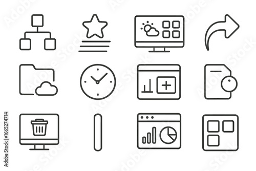 Digital Workspace Icons. Line style icons of digital workspace layout: folder tree structure, favorite files list, desktop with