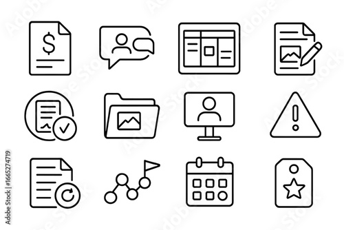 Freelancer Icon Set. Line style icons of remote freelancer life: invoice file icon, client message tag, gig tracker board,