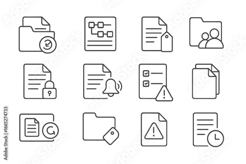 File Management Icons. Line style icons of file and version management: folder with versions icon, naming convention chart,