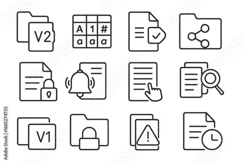 File Management Icons. Line style icons of file and version management: folder with versions icon, naming convention chart,