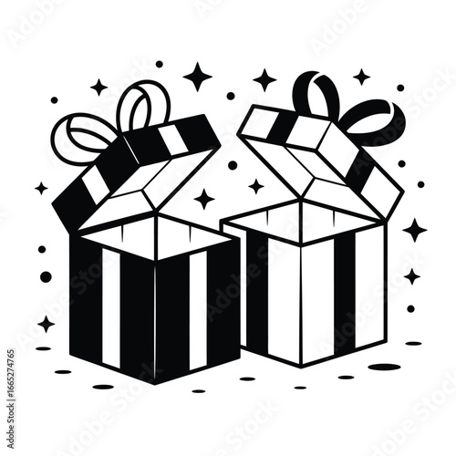 Two open gift boxes with bows and scattered stars illustration