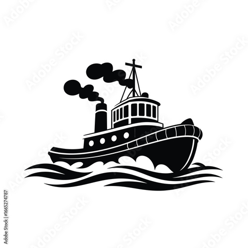 Classic tugboat sailing through wavy water with smoke from chimney