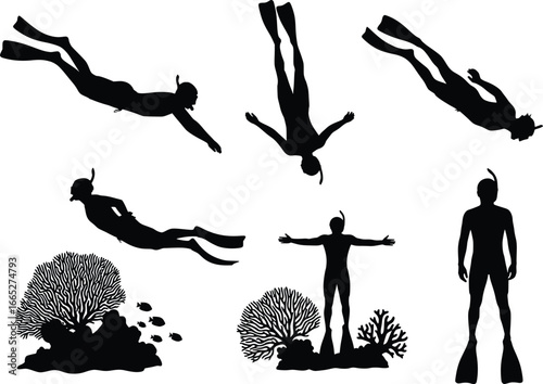 Collection of divers snorkeling and freediving silhouettes with coral reefs underwater ocean activities