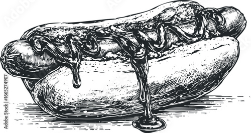 Detailed Ink Sketch of a Savory Hot Dog with Drizzling Condiments