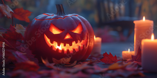 Nahaufnahme eines geschnitzten Halloween-Kürbis mit gruseligem Grinsen, von innen leuchtend, neben flackernden Kerzen und Herbstblättern – stimmungsvolle Halloween-Dekoration