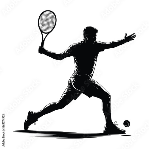 Dynamic silhouette of a tennis player in action on a white background