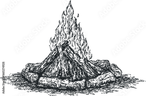 Black and White Sketch of a Roaring Campfire with Burning Logs