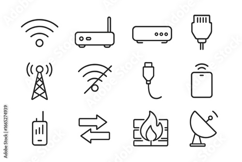 Internet Connectivity Icons. Line style icons of internet connectivity: Wi-Fi signal bars, router icon, modem box, Ethernet plug,