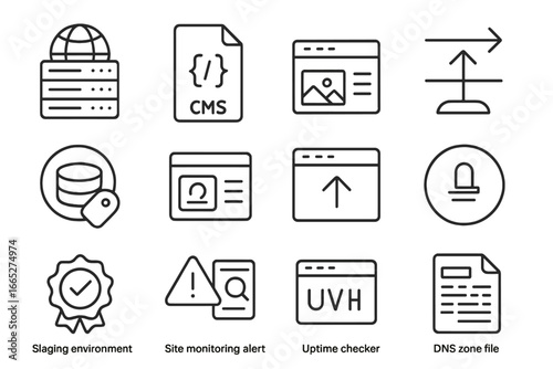 Website Infrastructure Icons. Line style icons of website infrastructure: web host icon, CMS file symbol, backend panel screen,