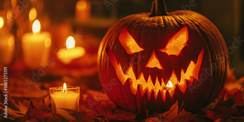 Nahaufnahme eines geschnitzten Halloween-Kürbis mit gruseligem Grinsen, von innen leuchtend, neben flackernden Kerzen und Herbstblättern – stimmungsvolle Halloween-Dekoration