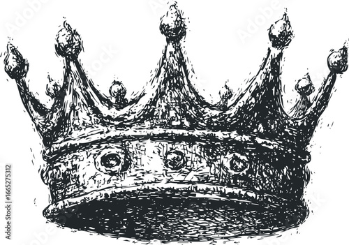 Detailed Monochrome Sketch of a Royal Crown with Ornate Jewels and Spikes