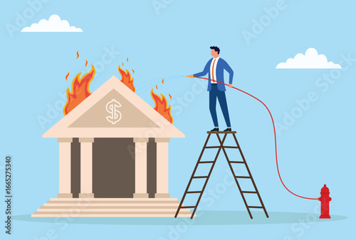 Vector illustration of a businessman standing on a ladder using a hose to extinguish fire on a bank building, symbolizing crisis management, financial protection, and stability
