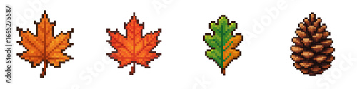 Pixel art features seasonal festive autumn leaves and pine cone in warm colors perfect for thanksgiving design