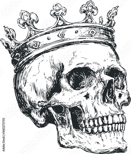 Detailed sketch of a human skull wearing an ornate crown