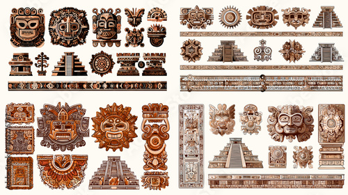 Aztec and Mayan ornament set with masks, sun stones, pyramids, borders, and geometric glyphs. Detailed tribal elements for logos, patterns, posters, and ethnic branding.